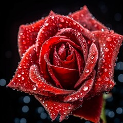 a captivating photograph featuring a vibrant red rose adorned with a delicate water droplet
