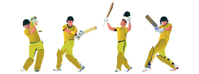 Set of batsman playing cricket on the field in a colorful background illustration