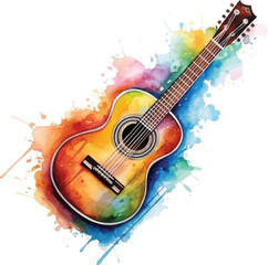 Watercolor acoustic guitar on white background - obrazy, fototapety, plakaty