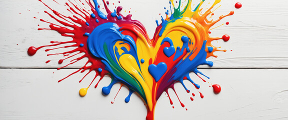 Colorful heart shaped paint splatter on white background