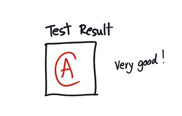 Test result A, Very good with handwritten, white background. Concept, education evaluation. Grading, scoring, judgement level. Using compliment word to encourage and motivate of learning.  