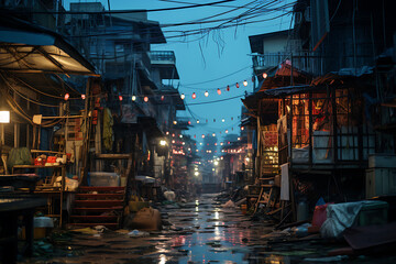 Naklejka premium Slum community at night with dirty canals