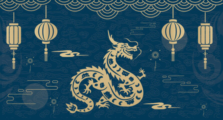 Traditional 3d chinese dragon illustration vector Banner chinese dragon 2024. New Year of the Dragon 2024.translate:happy new year.Use Google free commercial fonts