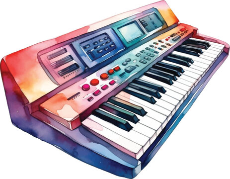 Watercolor electric keyboard on white background