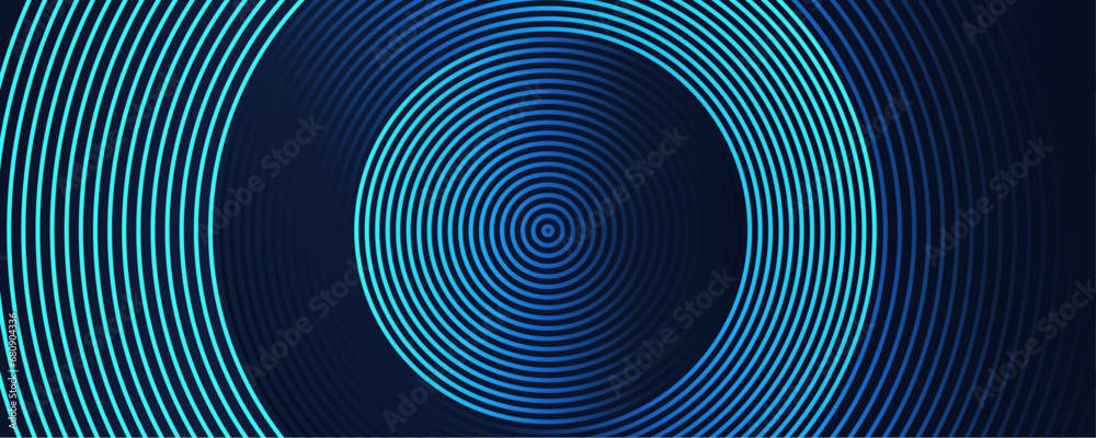 Leinwandbilder Abstract futuristic dark background with glowing wavy circle lines pattern. Modern shiny blue geometric pattern with swirl circular lines design element. Horizontal banner template with space for your