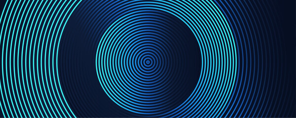 Abstract futuristic dark background with glowing wavy circle lines pattern. Modern shiny blue geometric pattern with swirl circular lines design element. Horizontal banner template with space for your