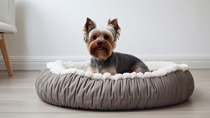 A yorkshire dog lying in a grey dog bed, cute playful dog, Dog banner 