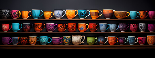 a vivid and colorful display of various types of coffee cups, arranged artistically - obrazy, fototapety, plakaty