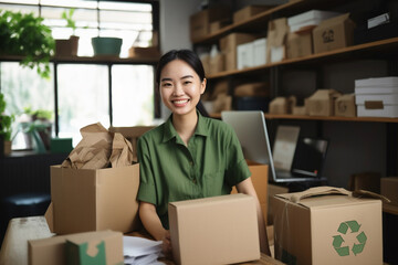 Portrait of young asian woman smiling while unpacking cardboard boxes in office - obrazy, fototapety, plakaty