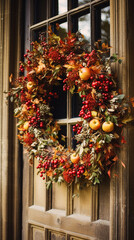 Fototapeta na wymiar Autumn wreath decoration, autumn holiday season in the English countryside style, botanical autumnal decor