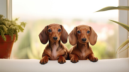 Two beautiful baby dachshund dogs in the forest 