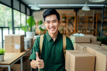 Portrait of young asian man smiling while unpacking cardboard boxes in office - obrazy, fototapety, plakaty