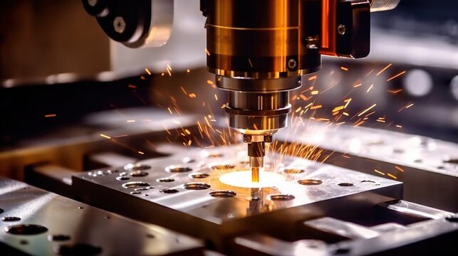 CNC laser cutting metal with sparks close-up. Industrial metalworking.