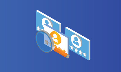 Isometric human Resources Search, Hiring and Interviewing, Resumes.on blue background.3D design.isometric vector design.