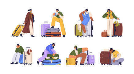People travel with suitcases. Passenger characters going, carrying luggage, packing baggage, waiting for trip. Tourists with wheeled bags set. Flat vector illustrations isolated on white background - obrazy, fototapety, plakaty