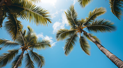Coconut palms are brightly lit by the rays of the sun. Bright blue sky. Shooting from below. Background. Texture. Wallpape