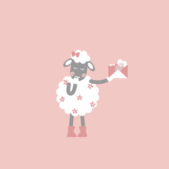 Obraz na płótnie Canvas cute shy sheep holding love letter with flower on fur, happy valentine's day, love concept, flat vector illustration cartoon character costume design