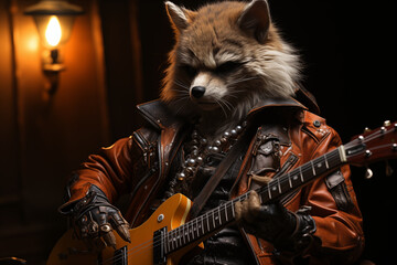 Anthropomorphic animal character. Wolf in leather coat and electric guitar, earring and sunglasses.