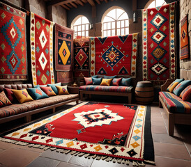 Kilim Kaleidoscope: Rich Colors and Intricate Patterns Merge in a Bustling Turkish Marketplace, Each Kilim a Tale of Tradition. generative AI