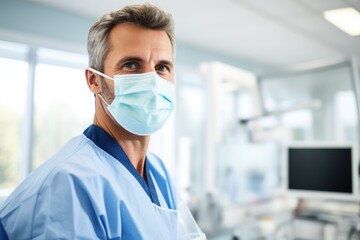 senior dentist in uniform with jaws model in dental clinic