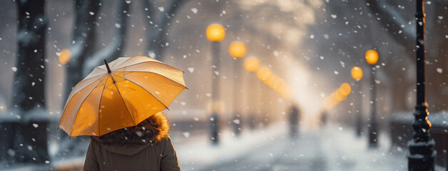 Wide panoramic banner image of a lady backward to camera holding an umbrella, walking on a road in cold day in winter, wearing a jacket and white snow around.  - obrazy, fototapety, plakaty