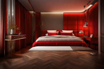close up view ,Bedroom Where Pillows,  Plain on the Elegance, red Bed, Almirah, Console Table, LED Lighting.