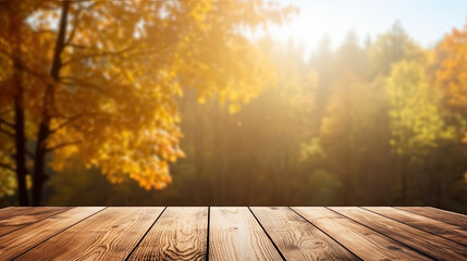 Empty wooden table over blurred autumn forest, Product Display, Mock up 