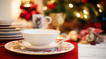 Fototapeta premium Dishware and crockery set for winter holiday family dinner, Christmas homeware decor for holidays in the English country house, gift set and home styling