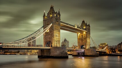Stunning iconic Tower Bridge in London, England, illuminated in the evening