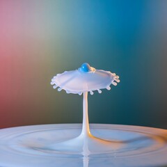 Beautiful scenic view of a water droplet falling into a calm pond, creating an umbrella shape