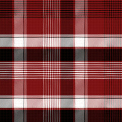 Check Plaid Seamless Pattern, Diagonal Gingham In Black, Red (Maroon) and White Multi, Lumberjack Tartan Vector Pixel Textured with Hoounds Tooth