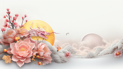 Chinese new year, Year of Dragon,lunar new year,golden dragon,festival,pink peony, lanterns, chinese lanterns, lamp, moon,Greeting card,paper cut,wall paper, background,with space for your text