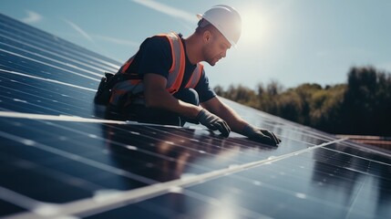 Workers repair and clean solar panels in a solar power plant. Clean energy production concept pure energy solar energy - obrazy, fototapety, plakaty