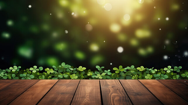 Empty Wooden Table Over Blurred Clovers, Shamrock Leaves ,St. Patrick's Day,  Mock Up, Display, Product Display 