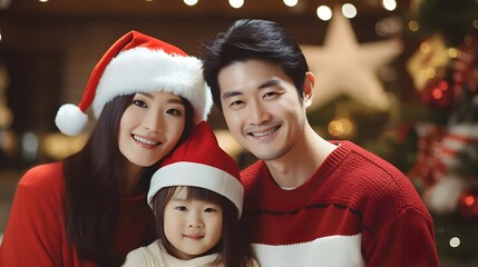 Fototapeta na wymiar サンタの帽子をかぶってクリスマスを楽しむ日本人ファミリー