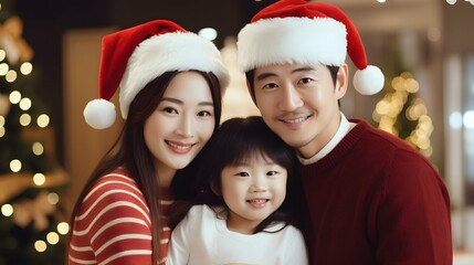 サンタの帽子をかぶってクリスマスを楽しむ日本人ファミリー