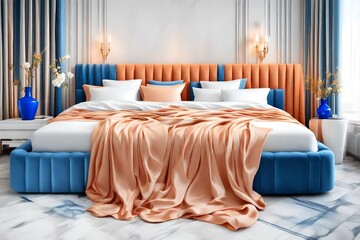 closeup view, the modern bed with color light orange, with luxury items, white background, with curtain of blue colors, near the window vase of jasmine