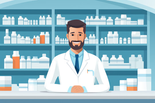 Vector illustration of a handsome male pharmacist at a pharmacy counter. Medicine healthcare professional concept