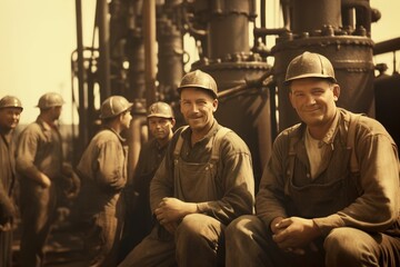 Fototapeta premium Industrial workers for the production and processing of crude oil.