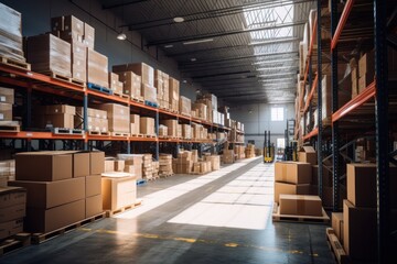 Inside a large warehouse with shelves, pallets and boxes.