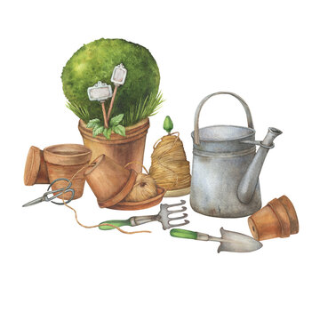 recommend clip art: Old twine holders, vintage garden tools in terracotta ceramic pots and watering can - rustic farmhouse decor, garden utensils. Hand drawn watercolor painting illustration isolated on white background.