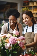 Naklejka premium Two cheerful female florists, radiating joy and camaraderie, collaborate on creating a stunning floral arrangement.