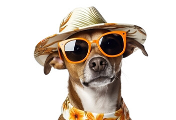funny dog with sunglasses and hat on transparent background - obrazy, fototapety, plakaty