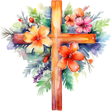 Isolated Transparent Background: Vibrant Watercolor Wooden Cross with Florals