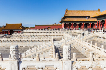 White stairs in front of the Hall of Preserving Harmony in the Forbidden City in Beijing, China