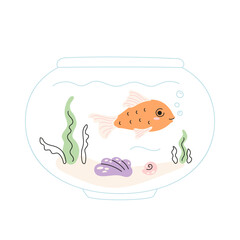 Golden fish in fishbowl, seashell, seaweed in abstract doodle aquarium. Domestic water animal with cute face. Vector isolated illustration in pastel colors.
