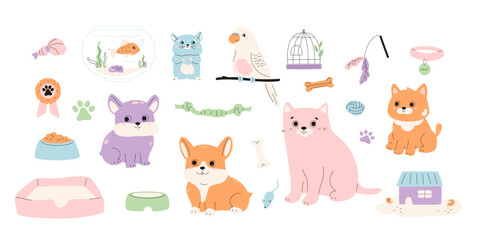 Pets and supplies big collection. Cute cat, dog, hamster, budgie, fish in bowl. Rope toys, puppy couch, kitten feeder with food, parrot cage icon, bone, house element. Vector illustrations set.