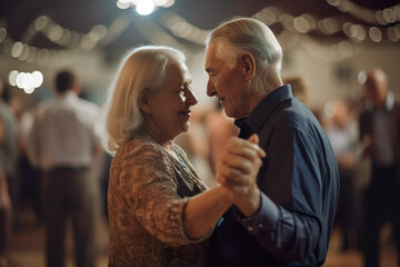 Senior stylish married couple dancing at home Europeans in their 60s, 70s, on the dance floor, dancing a slow dance - Powered by Adobe