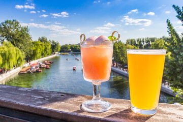 Beer and cocktail on the rooftop terrace at the Qianhai lake in Beijing, China