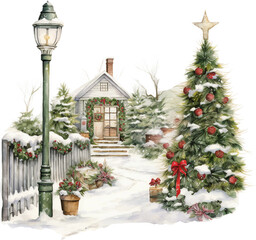 Fototapeta na wymiar Winter Snow in Vintage Christmas Garden Watercolor